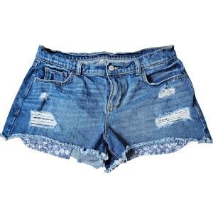 Old Navy Boyfriend Distressed Denim Shorts Blue Paisley Bandana Lining Size 10